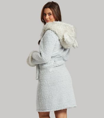 Cosy Faux Fur Trim Hooded Dressing Gown, Grey/White