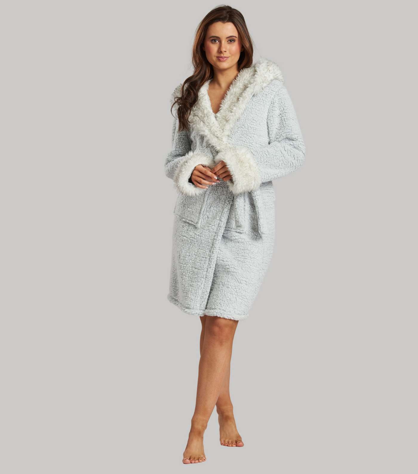Loungeable Pale Grey Fleece Faux Fur Trim Dressing Gown Image 5