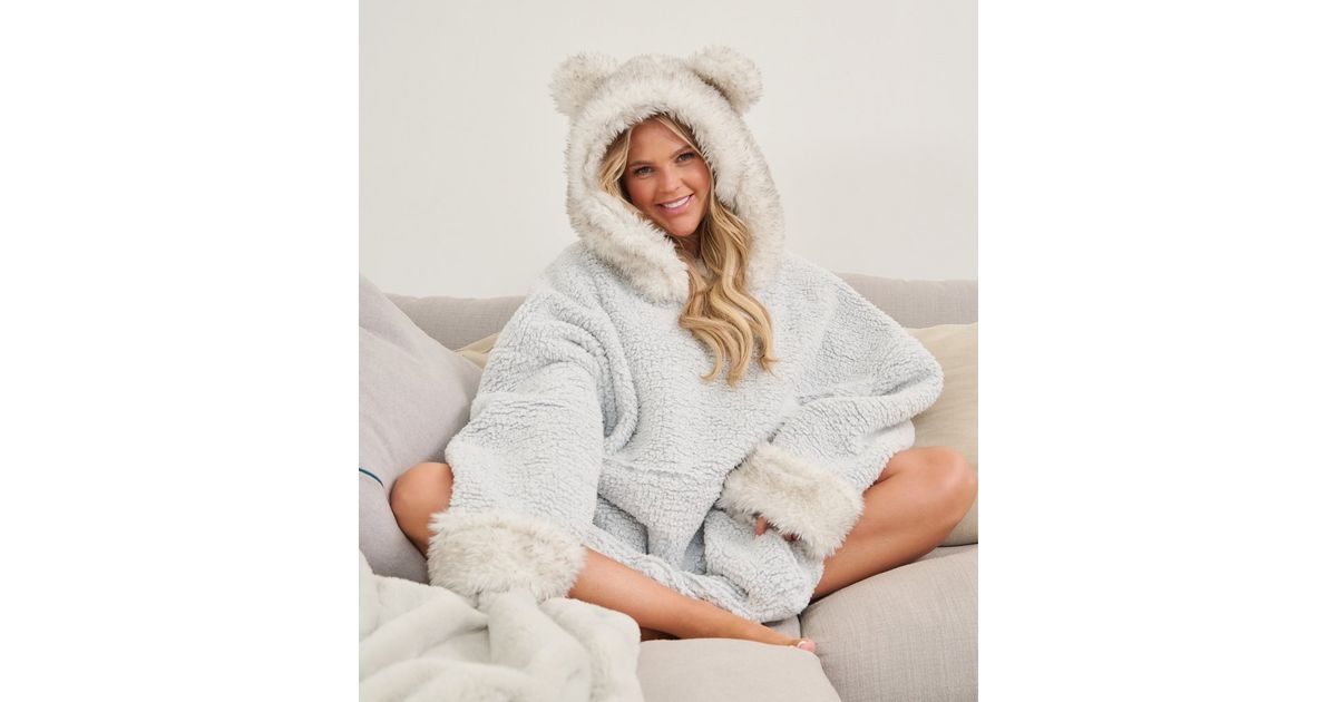 Loungeable Pale Grey Faux Fur Ear Hood Dressing Gown New Look