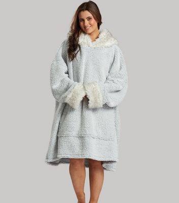 Loungeable Pale Grey Faux Fur Ear Hood Dressing Gown New Look
