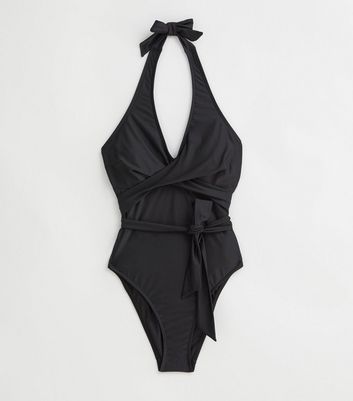 Black Halter Wrap Swimsuit New Look