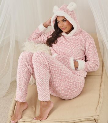 Loungeable Pink Waffle Ear Hooded Trouser Pyjama Set New Look