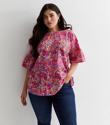 Curves Red Floral Puff Sleeve Peplum Top New Look