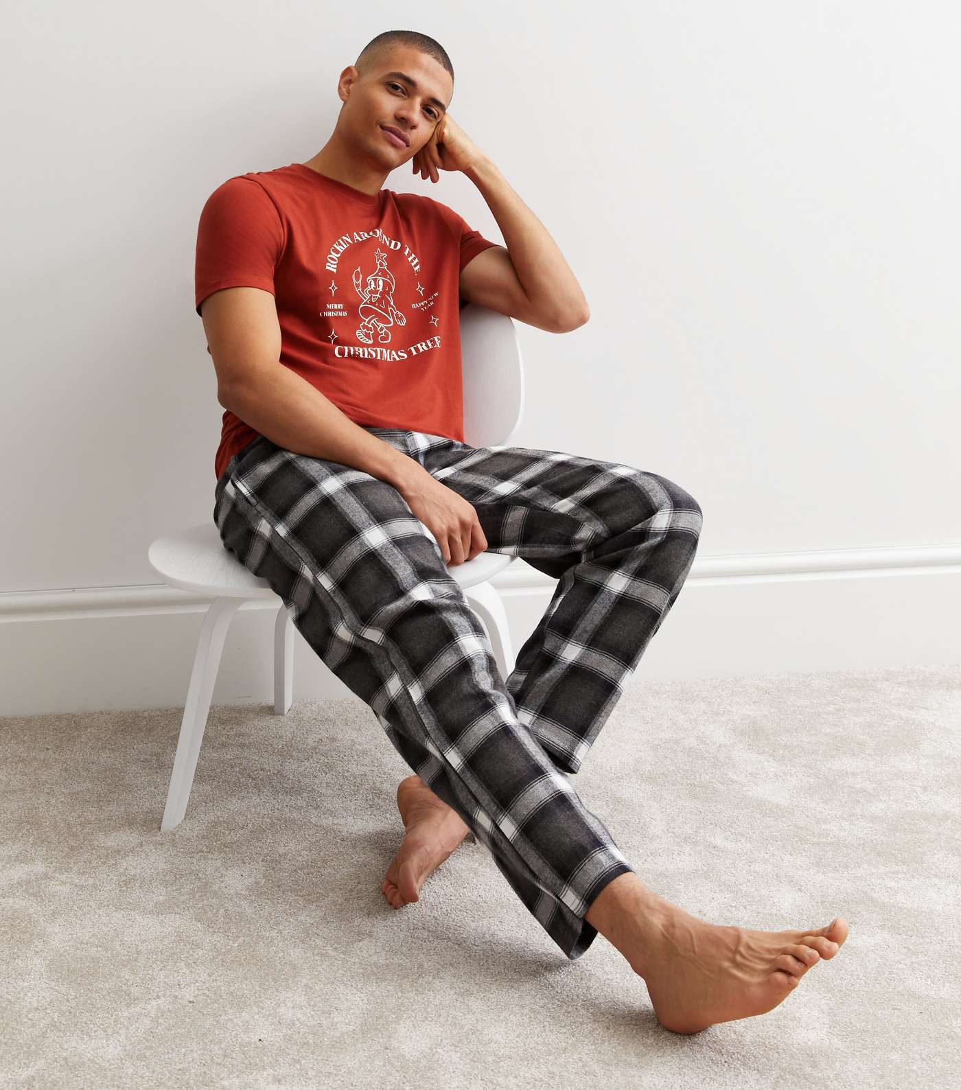 Red Cotton Trouser Pyjama Set with Christmas Tree Logo | New Look