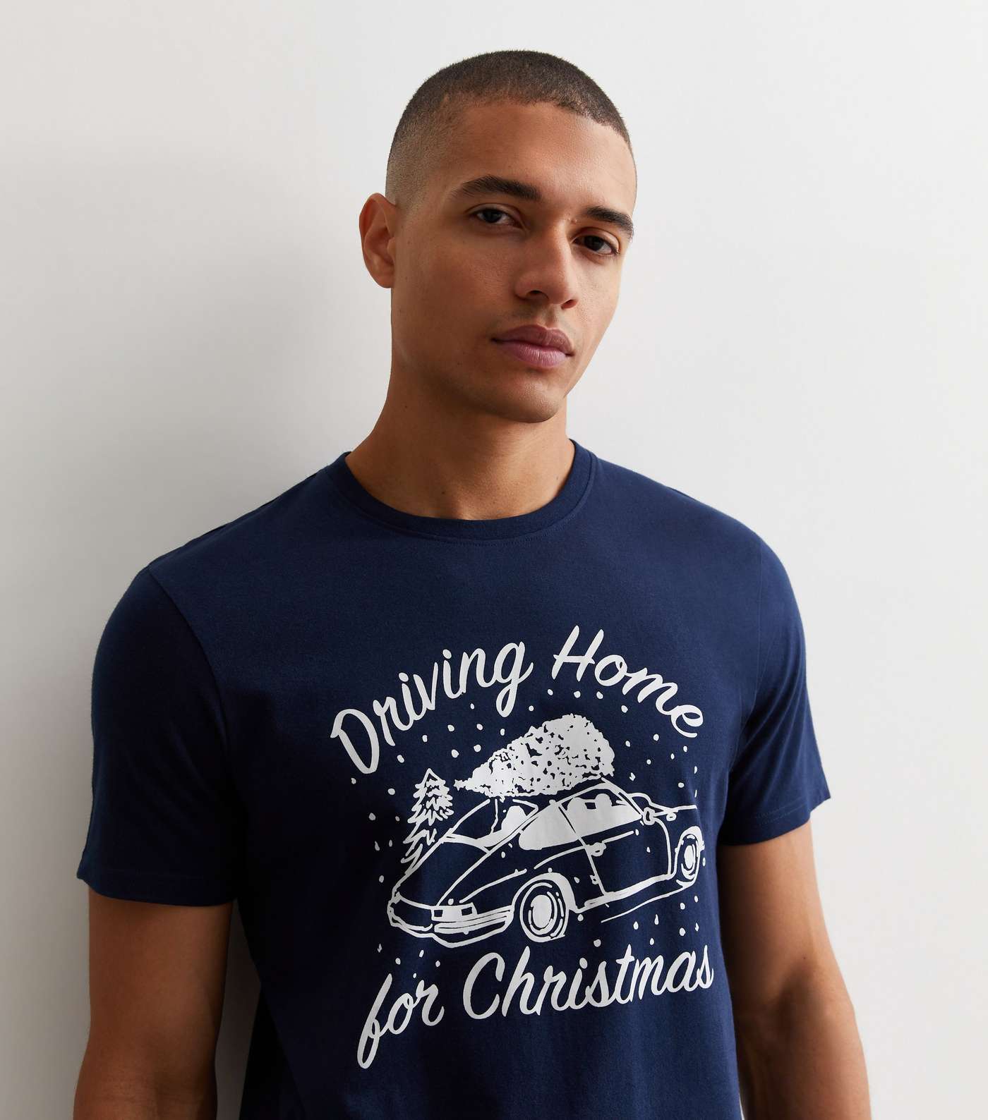 Navy Cotton Trouser Pyjama Set with Driving Home For Christmas Logo Image 2