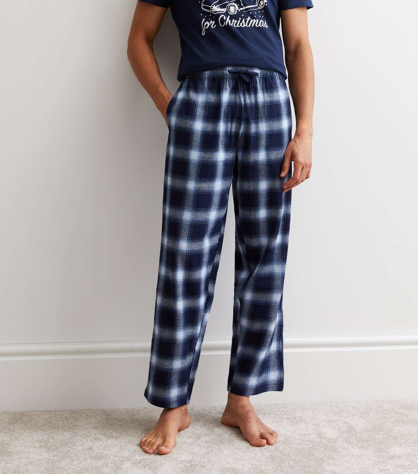 Navy Cotton Trouser Pyjama Set with Driving Home For Christmas Logo Image 4