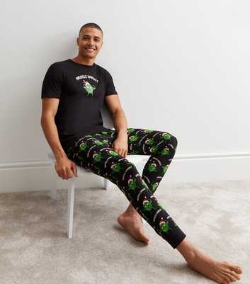 Black Cotton Cuffed Jogger Pyjama Set with Muscle Sprout Print