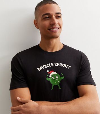 Black Cotton Cuffed Jogger Pyjama Set with Muscle Sprout Print New Look