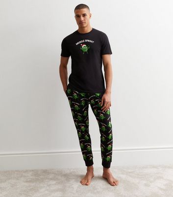 Black Cotton Cuffed Jogger Pyjama Set with Muscle Sprout Print