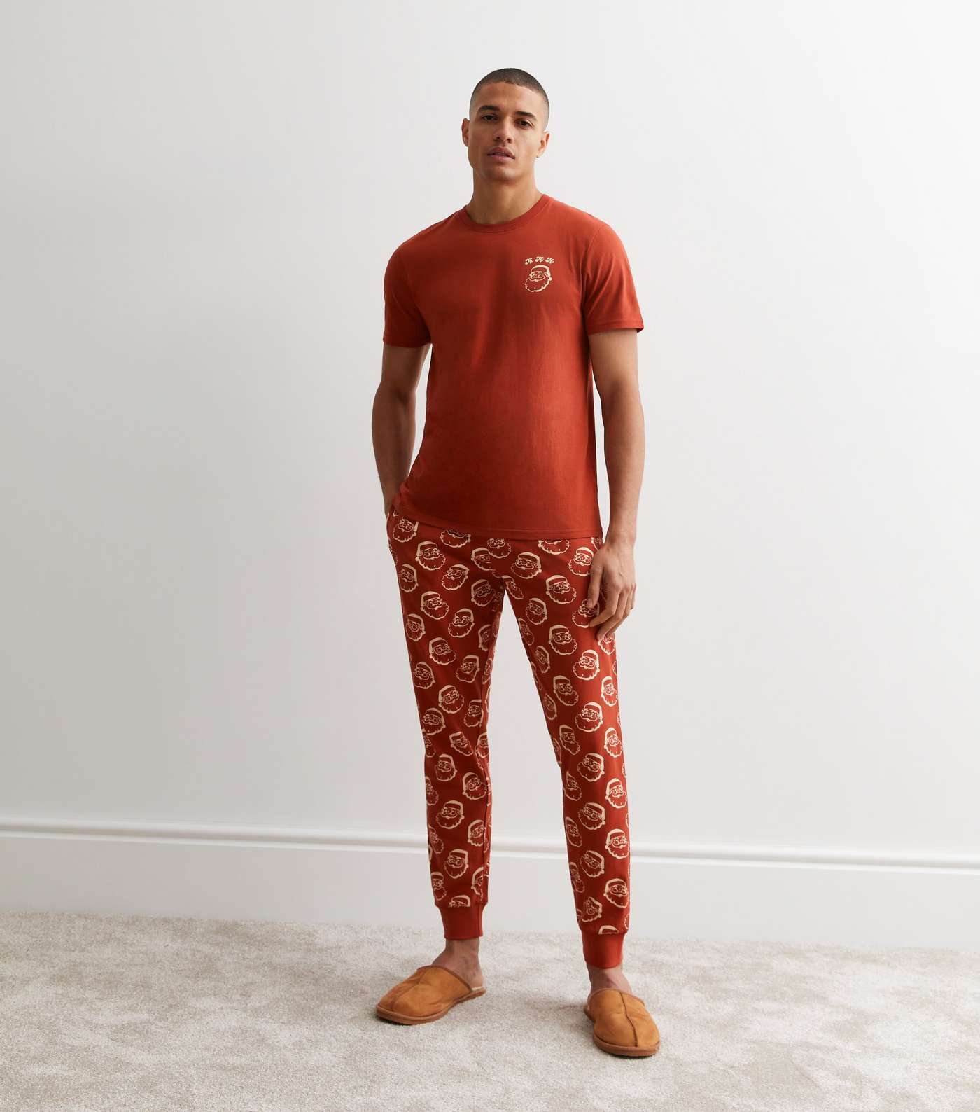 Red Cotton Cuffed Jogger Pyjama Set with Santa Print Image 3