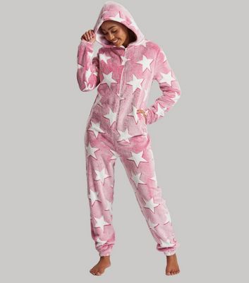 Loungeable Pink Star Fleece Hooded Onesie New Look