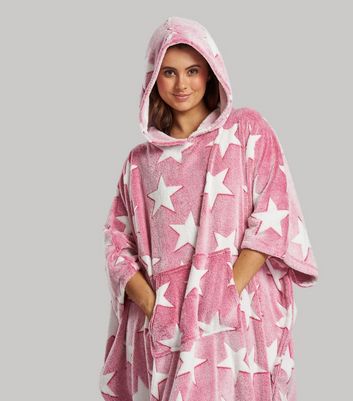 Loungeable Pink Fleece Star Print Blanket Hoodie New Look
