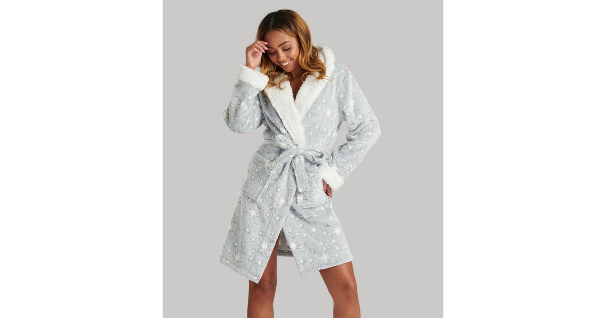 Loungeable Grey Fleece Sparkle Print Hooded Belted Dressing Gown New Look