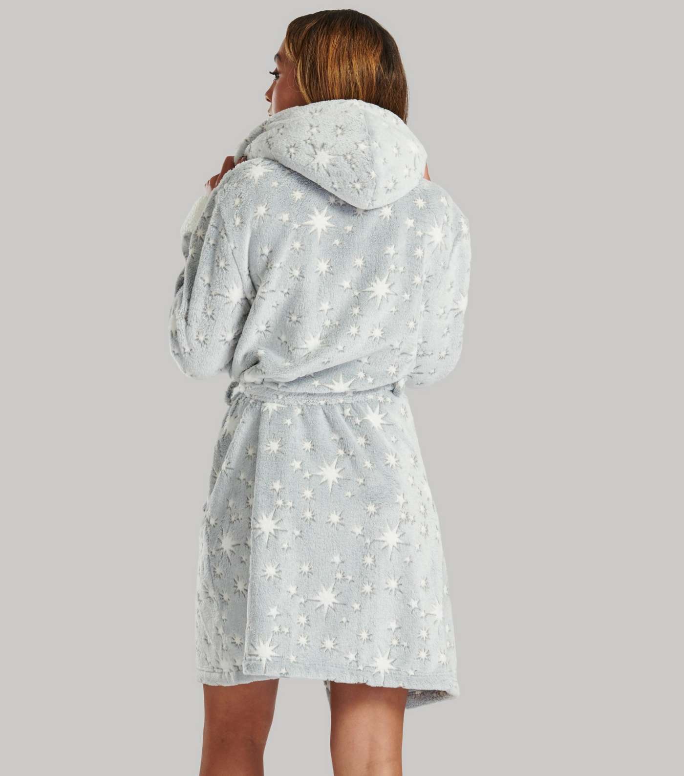 Loungeable Grey Fleece Sparkle Print Hooded Belted Dressing Gown Image 5