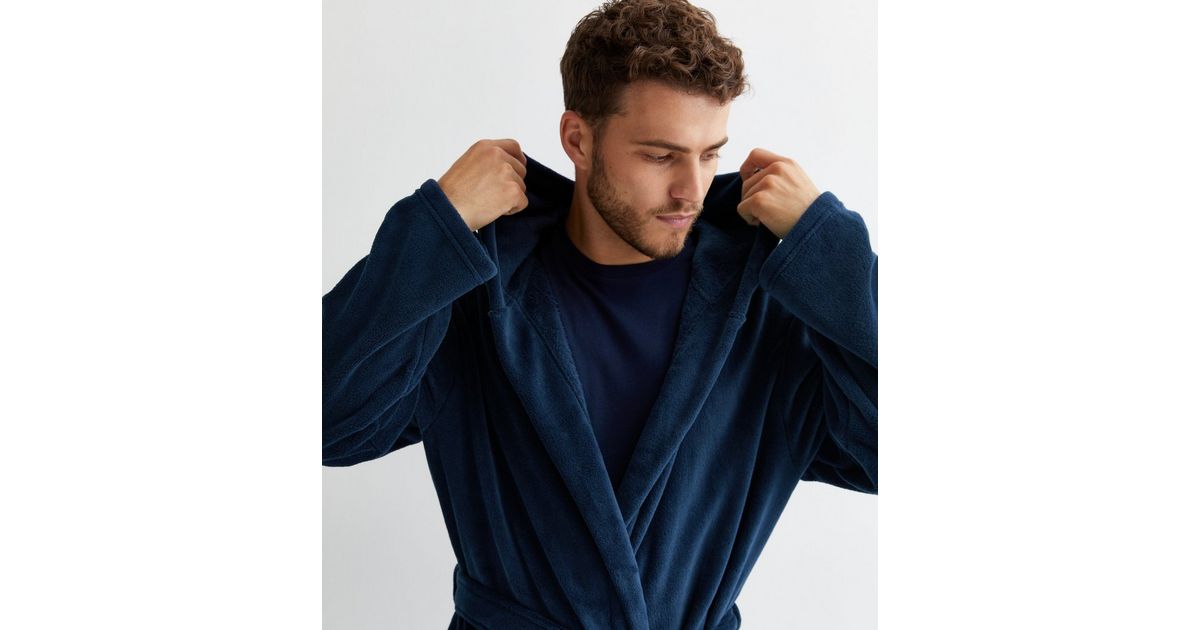 Navy Fleece Hooded Dressing Gown New Look