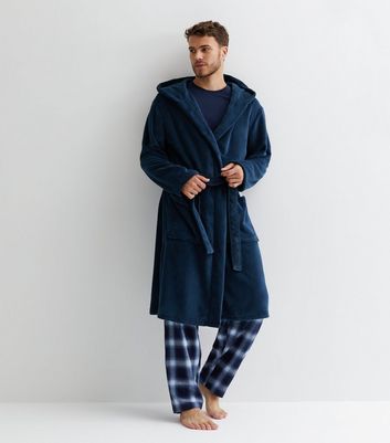 Navy Fleece Hooded Dressing Gown New Look