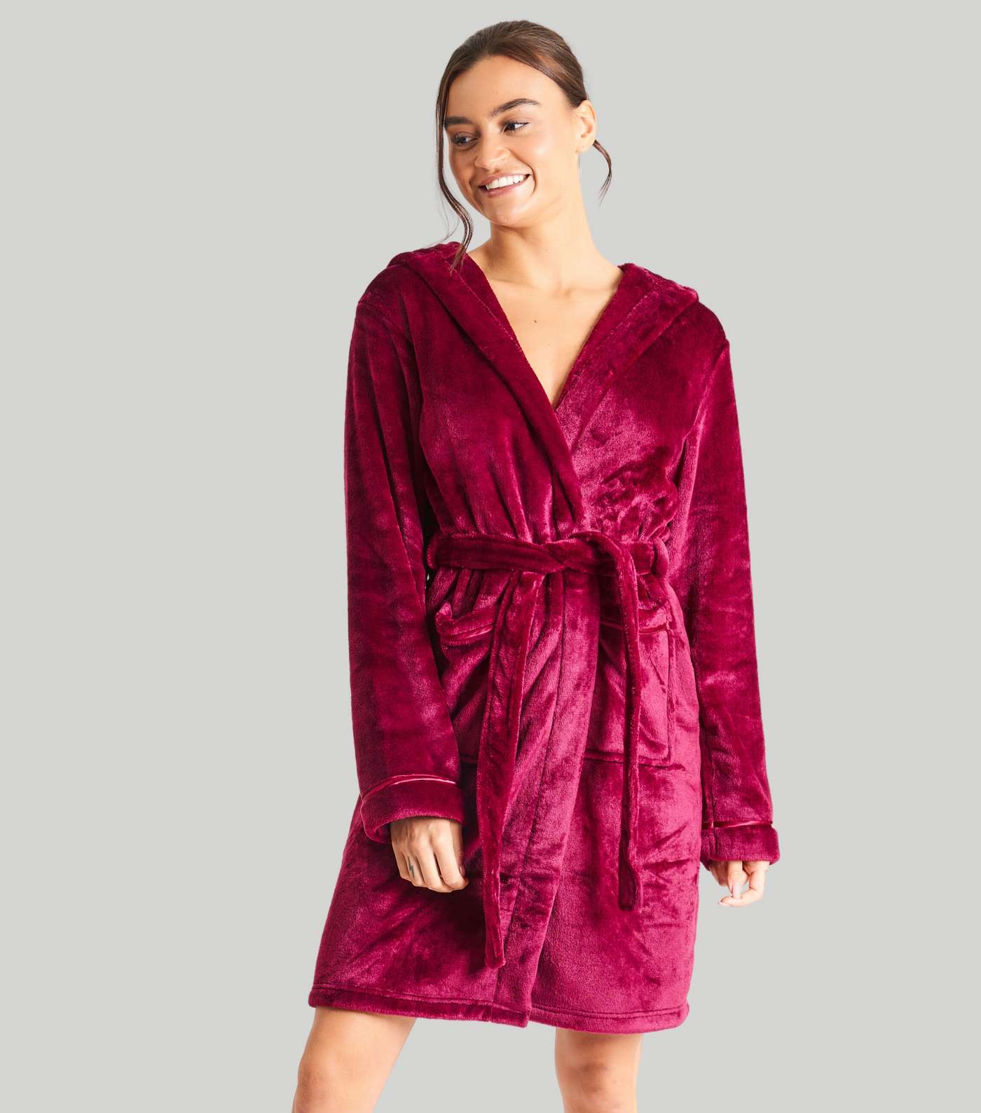 Loungeable Deep Pink Fleece Hooded Dressing Gown Image 2