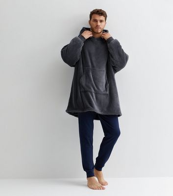 Dark Grey Fleece Blanket Hoodie New Look