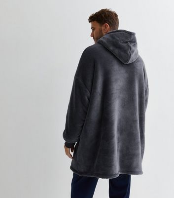 Dark Grey Fleece Blanket Hoodie New Look
