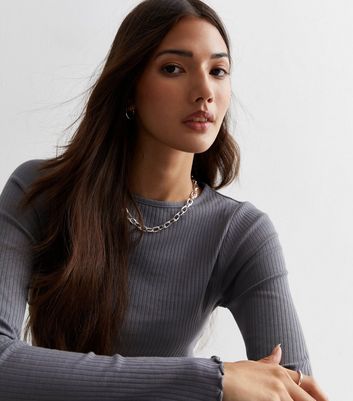Pale Grey Ribbed Frill Long Sleeve Top New Look