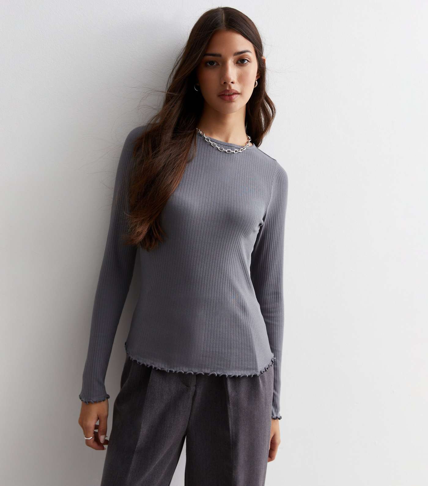 Pale Grey Ribbed Frill Long Sleeve Top Image 2