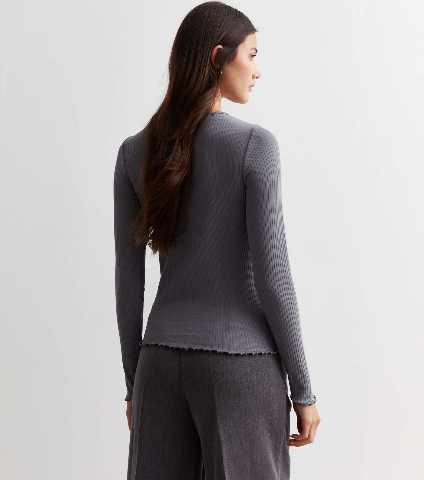 Pale Grey Ribbed Frill Long Sleeve Top Image 4