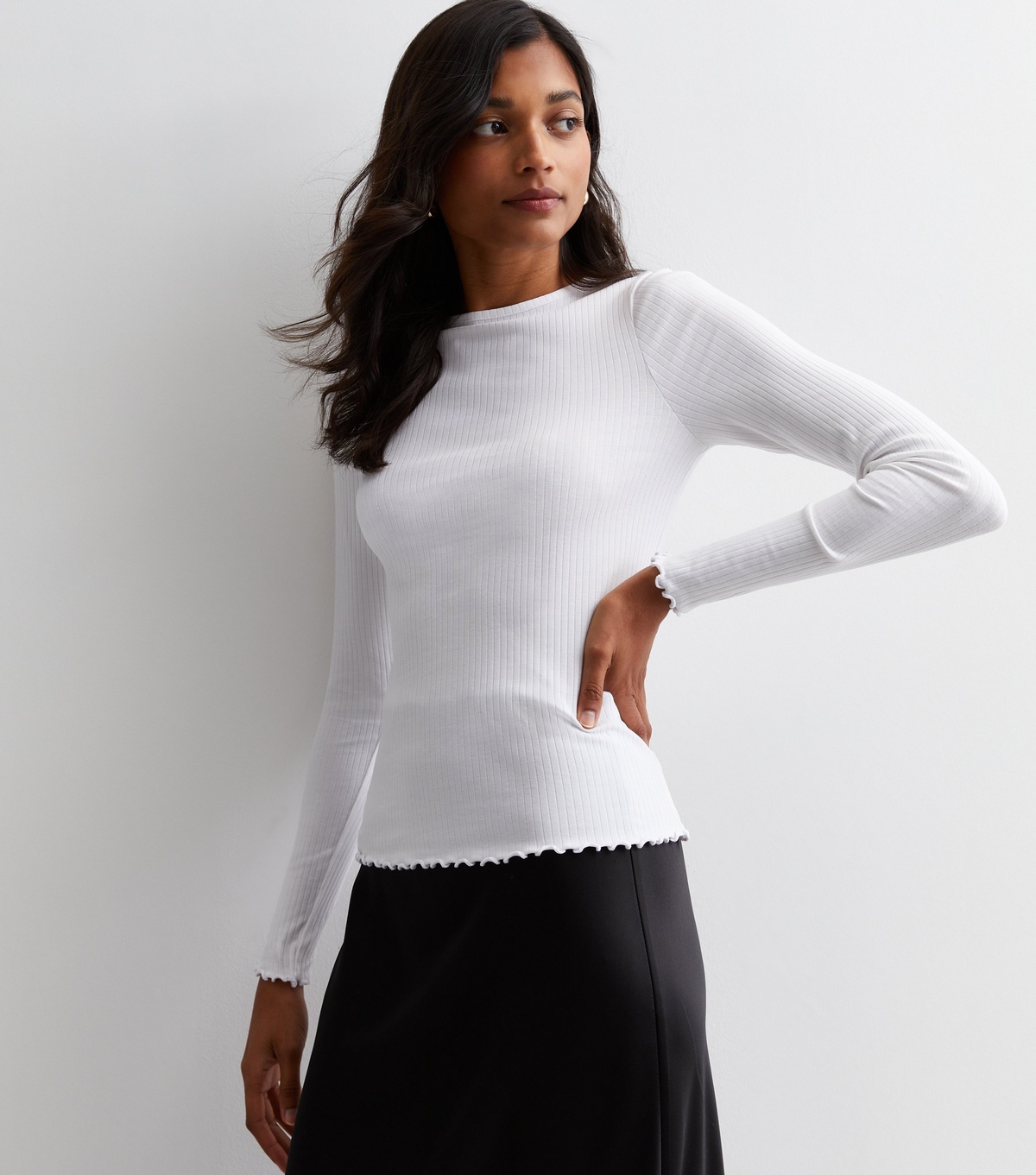 Women's White Ribbed Frill Long Sleeve Top New Look