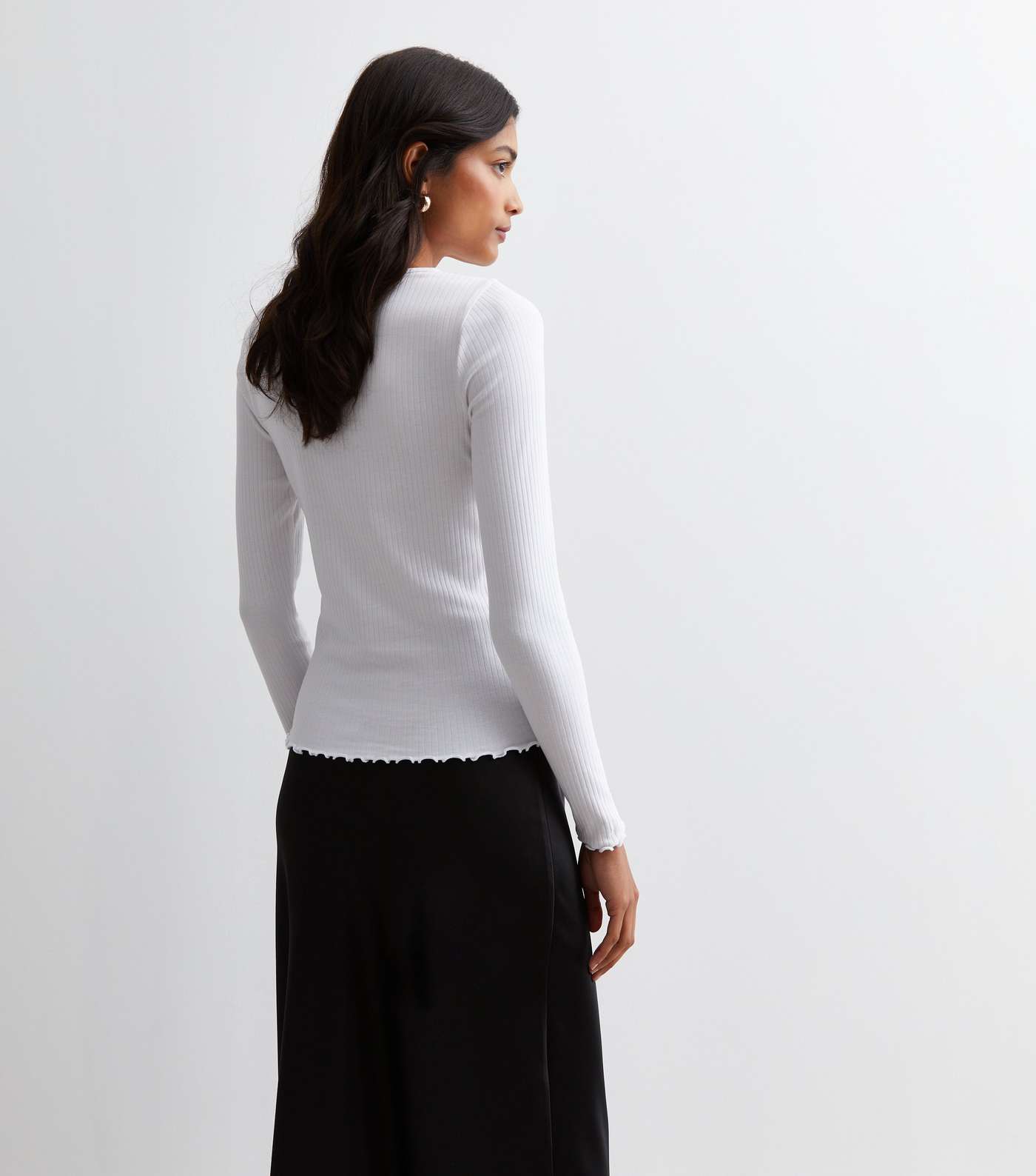 White Ribbed Frill Long Sleeve Top Image 4