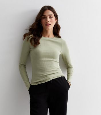 Light Green Ribbed Frill Long Sleeve Top New Look