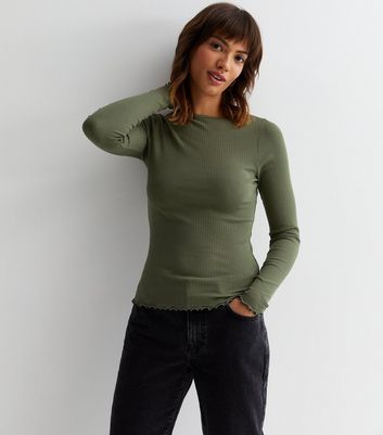 Khaki Ribbed Frill Long Sleeve Top | New Look