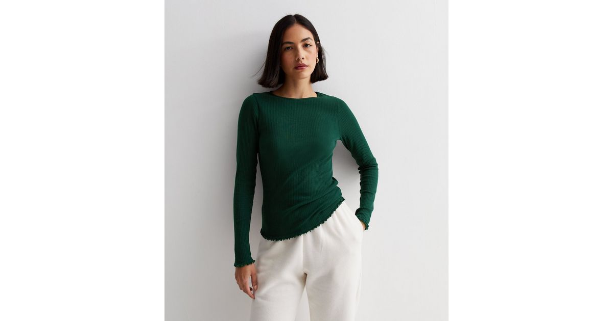 Dark Green Ribbed Frill Long Sleeve Top | New Look