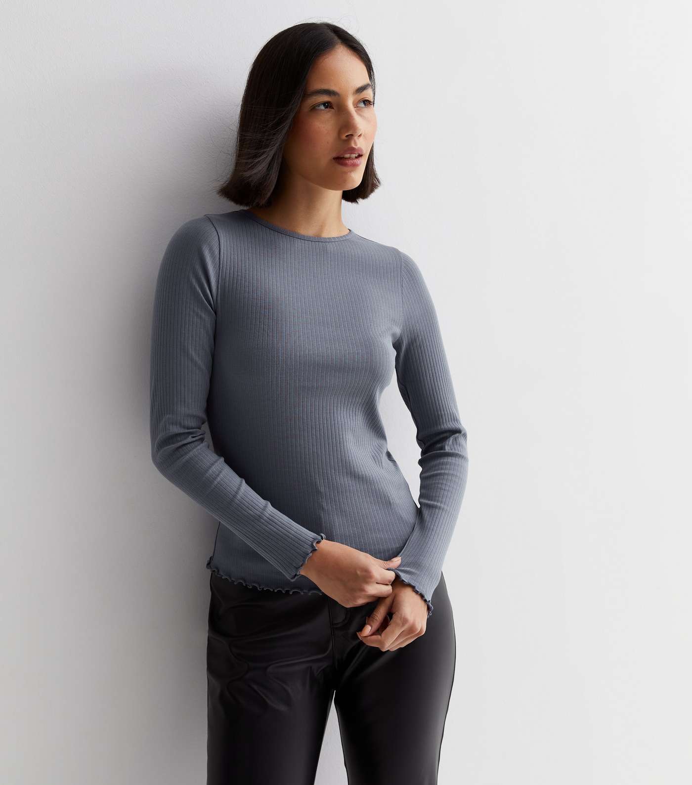 Blue Ribbed Frill Long Sleeve Top Image 2