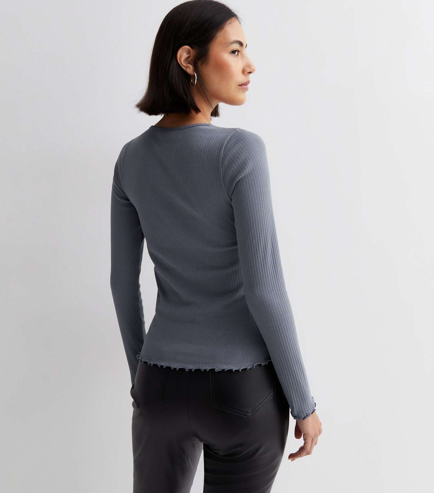 Blue Ribbed Frill Long Sleeve Top Image 4