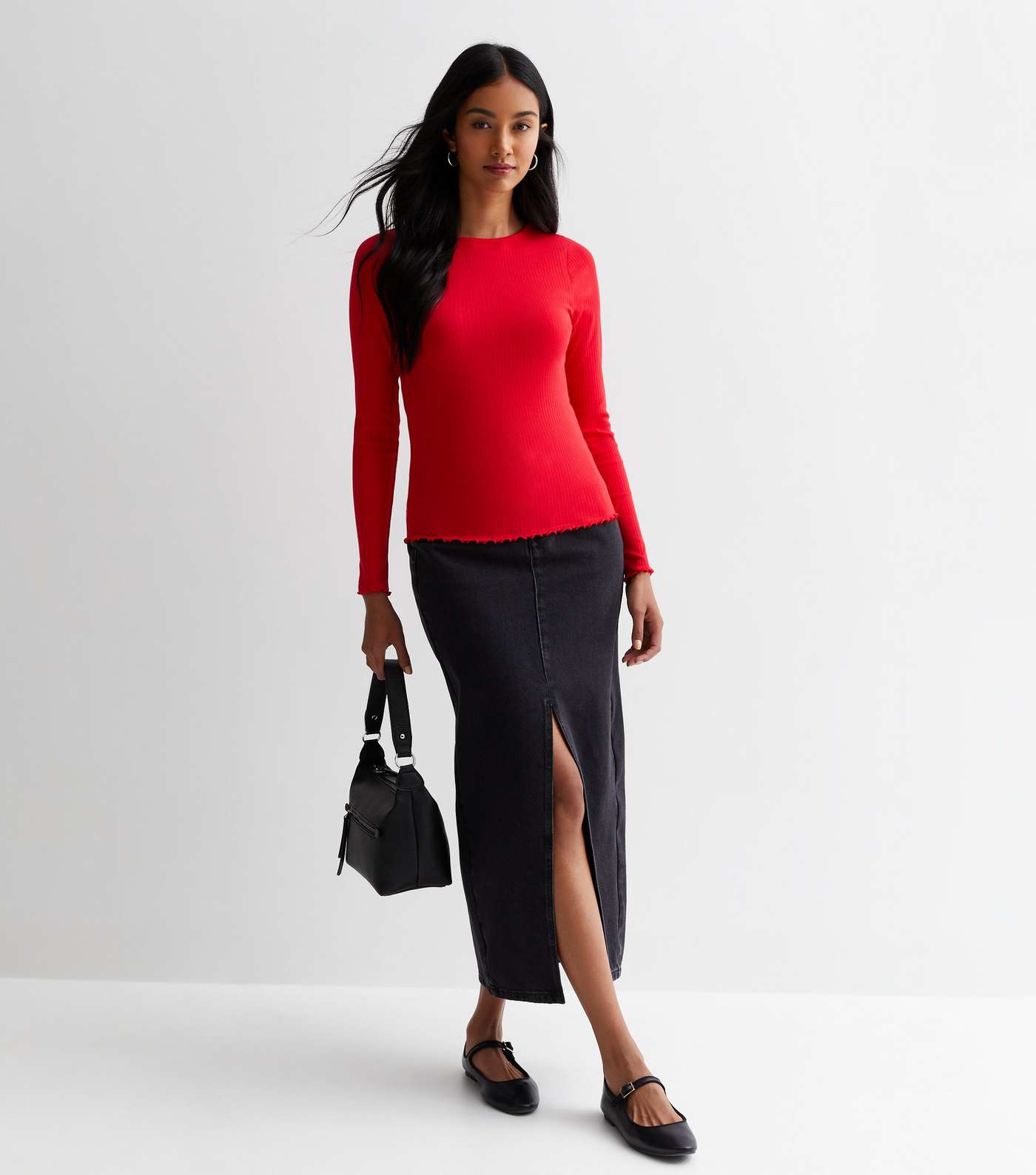 Red Ribbed Frill Long Sleeve Top Image 3