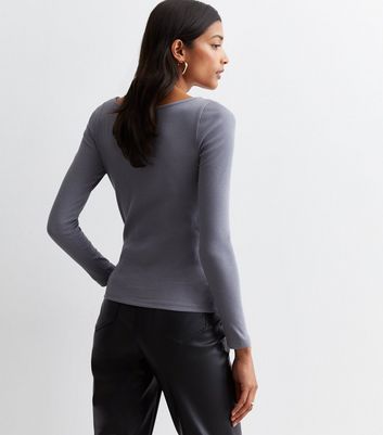 Dark Grey Ribbed Slash Neck Top | New Look