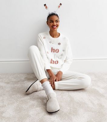 White Sequin Embellished Ho Ho Ho Christmas Jumper New Look