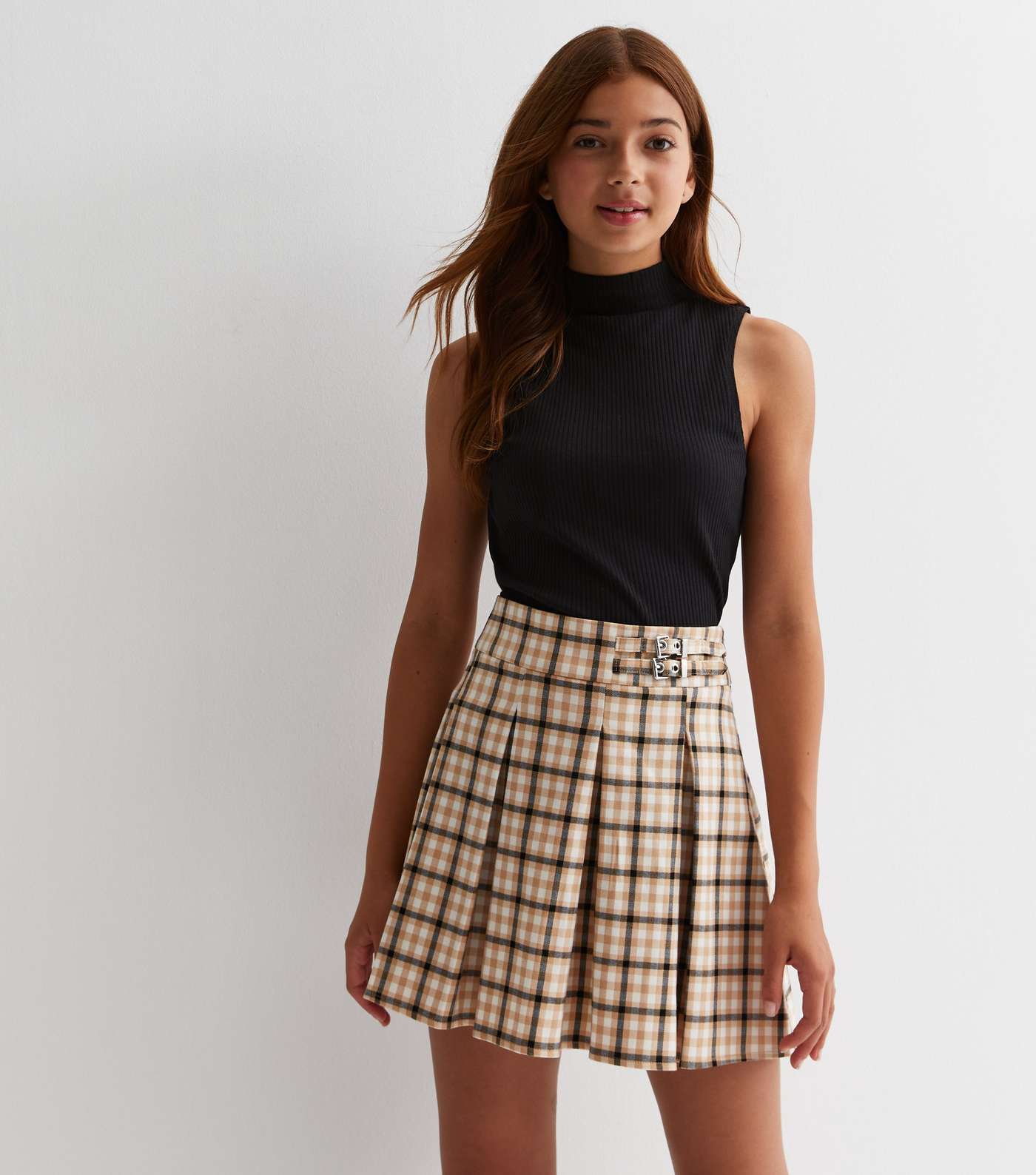Girls Brown Check Pleated Buckle Mini Skirt Image 2