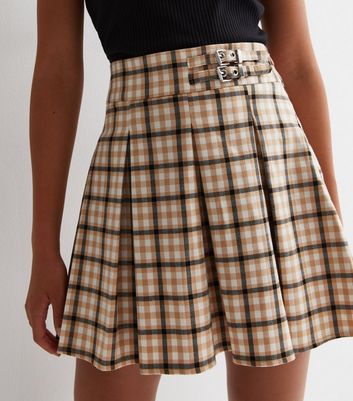 Girls Brown Check Pleated Buckle Mini Skirt