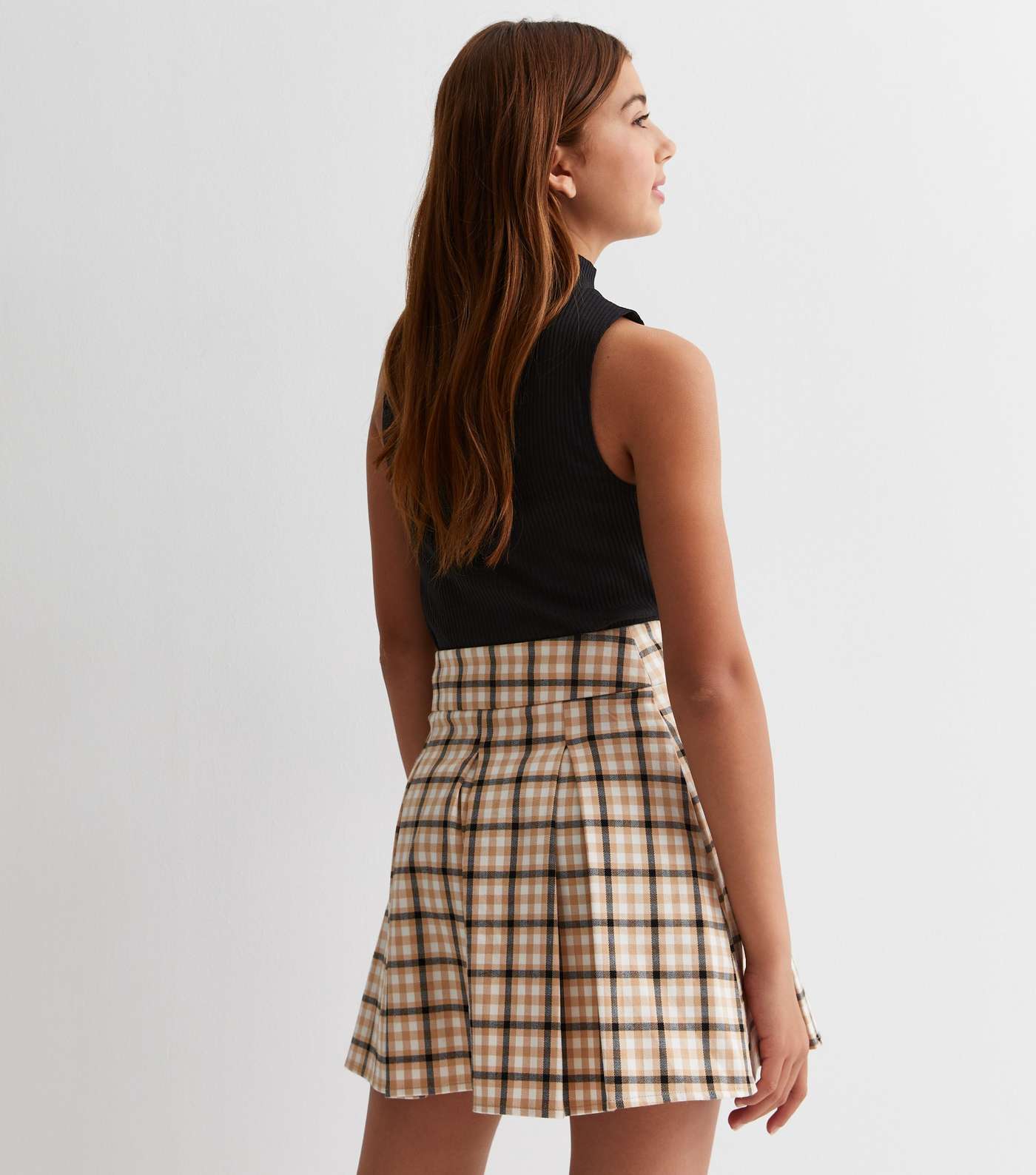 Girls Brown Check Pleated Buckle Mini Skirt Image 4