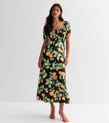 Black Floral Orange Puff Sleeve Midaxi Dress