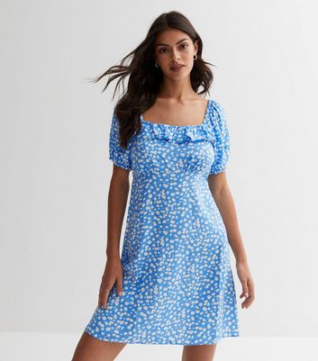 New look puff sleeve cheap midi dress in blue spot