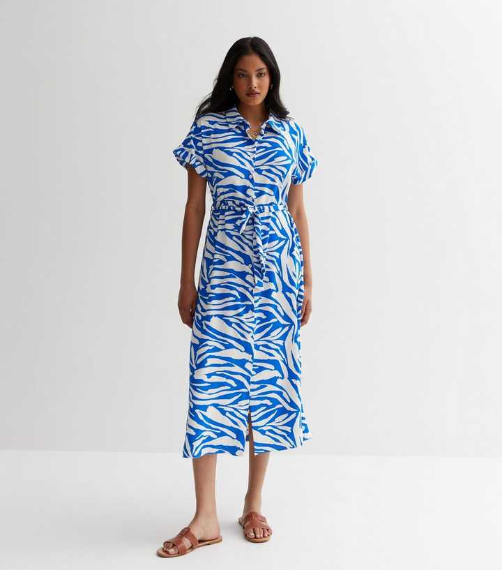 Blue Zebra Print Belted Midi Shirt Dress | New Look