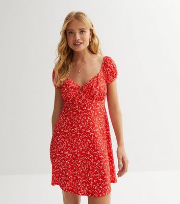 Red floral dress new on sale look