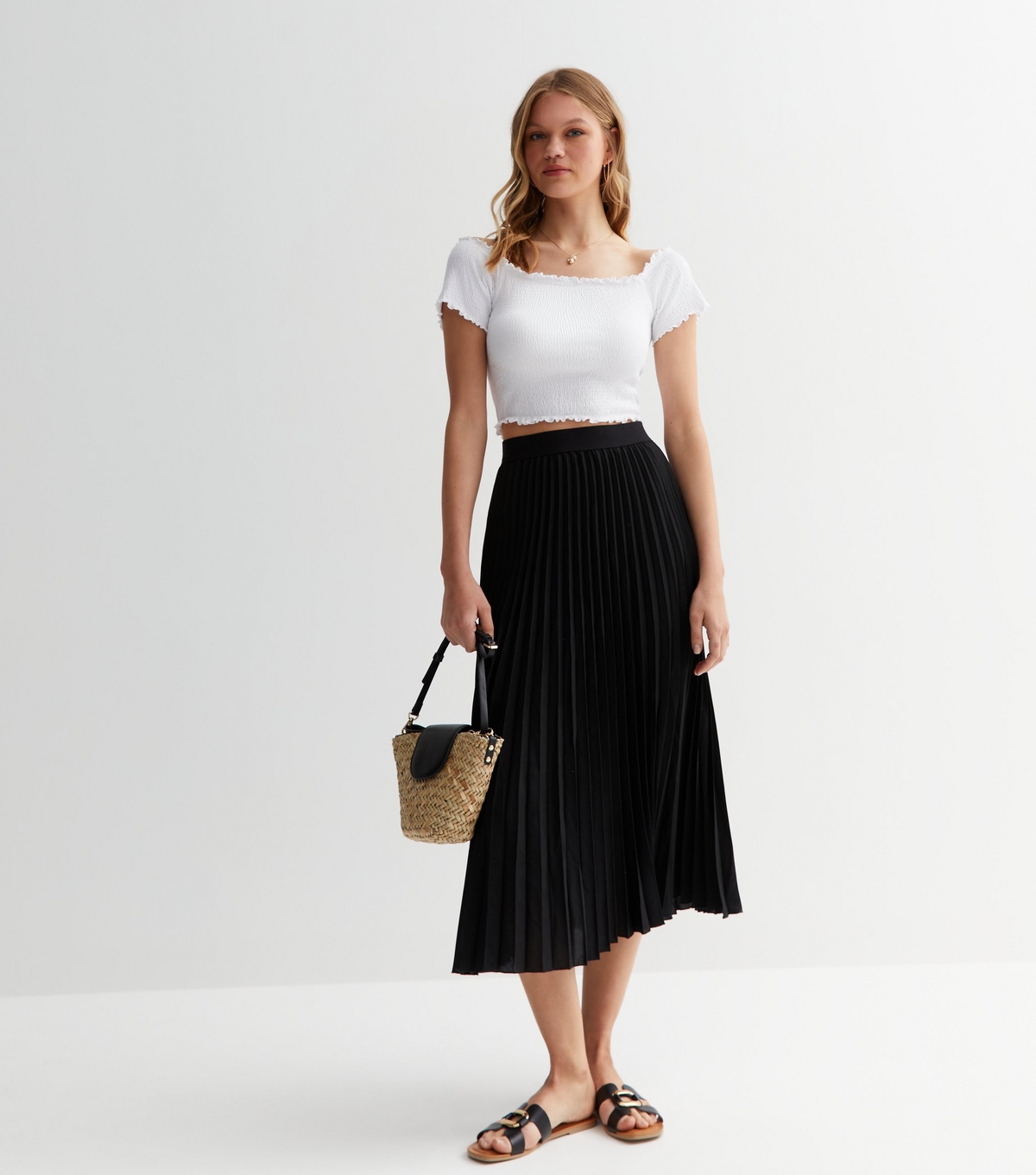 Women's Black Pleated High Waist Midi Skirt Gini London New Look
