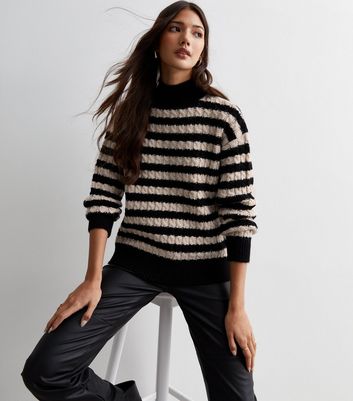 Black Stripe Cable Knit High Neck Jumper | New Look