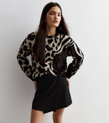 Brown Fluffy Animal print Patchwork Jumper New Look