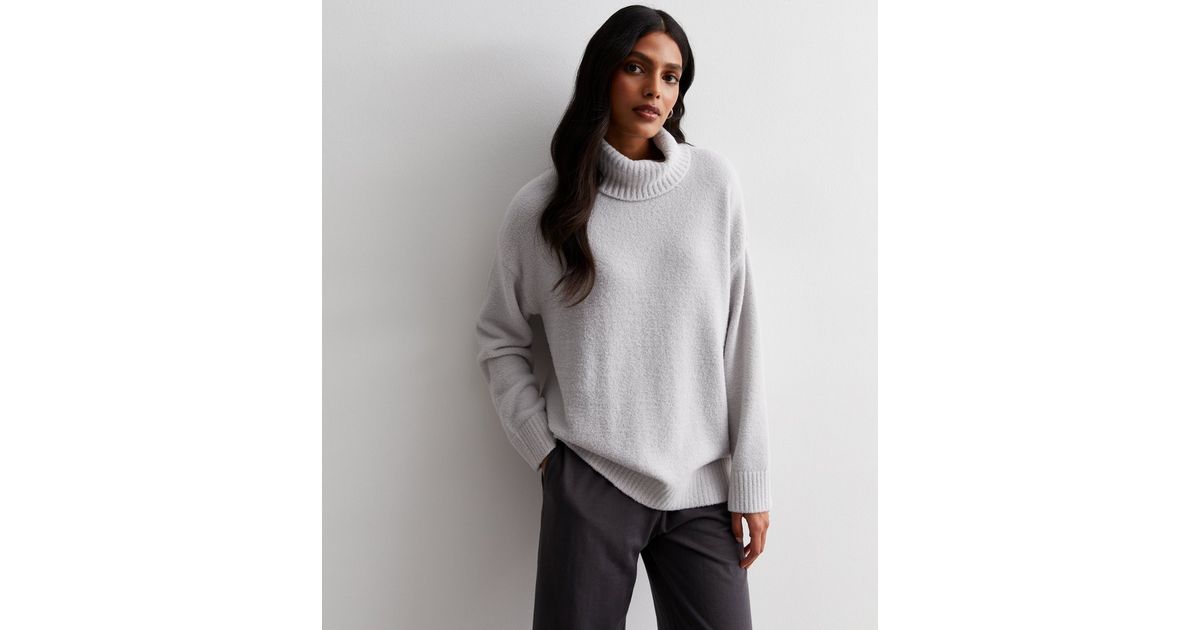 Pale Grey Fluffy Knit Roll Neck Longline Jumper | New Look
