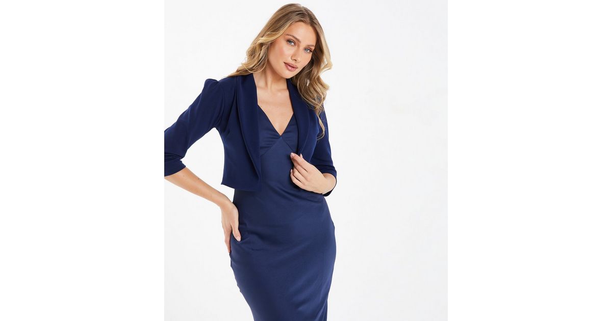 QUIZ Navy Ruched Crop Blazer New Look