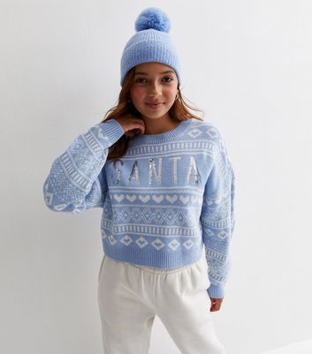 Girls Blue Santa Fair Isle Christmas Jumper