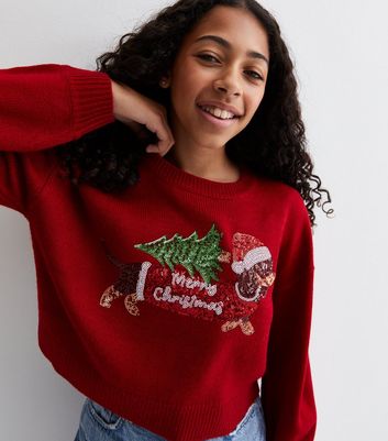 Girls Red Sequin Knit Dog Christmas Jumper New Look